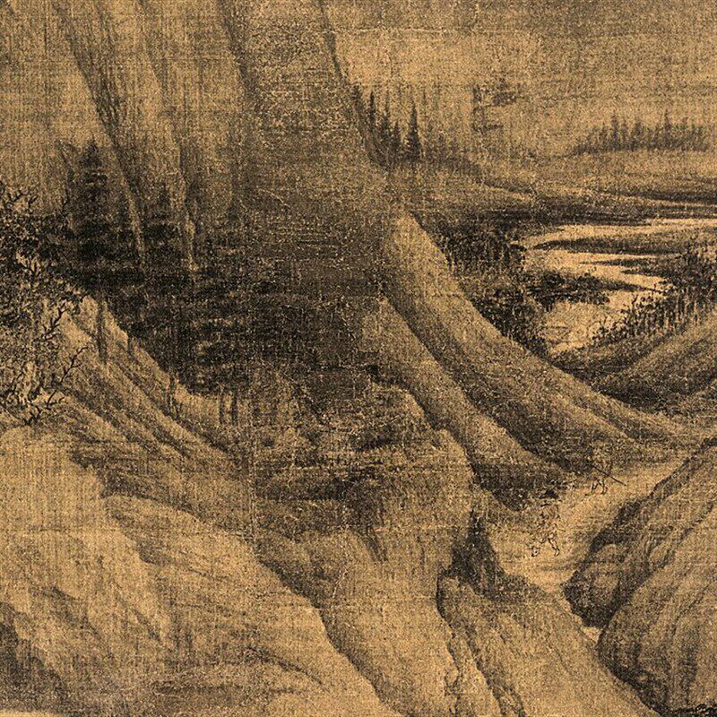 五代 董 溪岸图 国画山水风景画 宣绢布古画艺术微喷复制