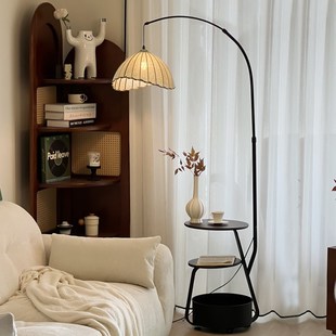 钓鱼灯落地灯客厅沙发置物茶几一体卧室中古高级侘寂复古落地台灯