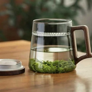 绿茶玻璃杯耐高温月牙过茶杯办公家用茶水分离泡茶杯木把喝水杯