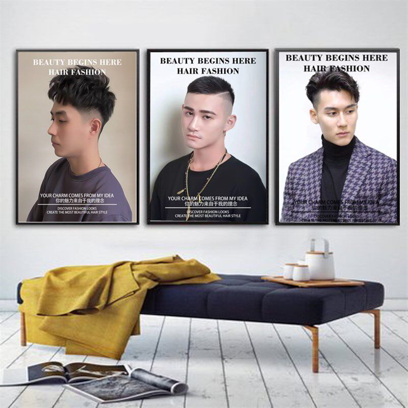 复古男士油头发型图片理发店装饰画发廊手艺人壁画美发店墙面挂画