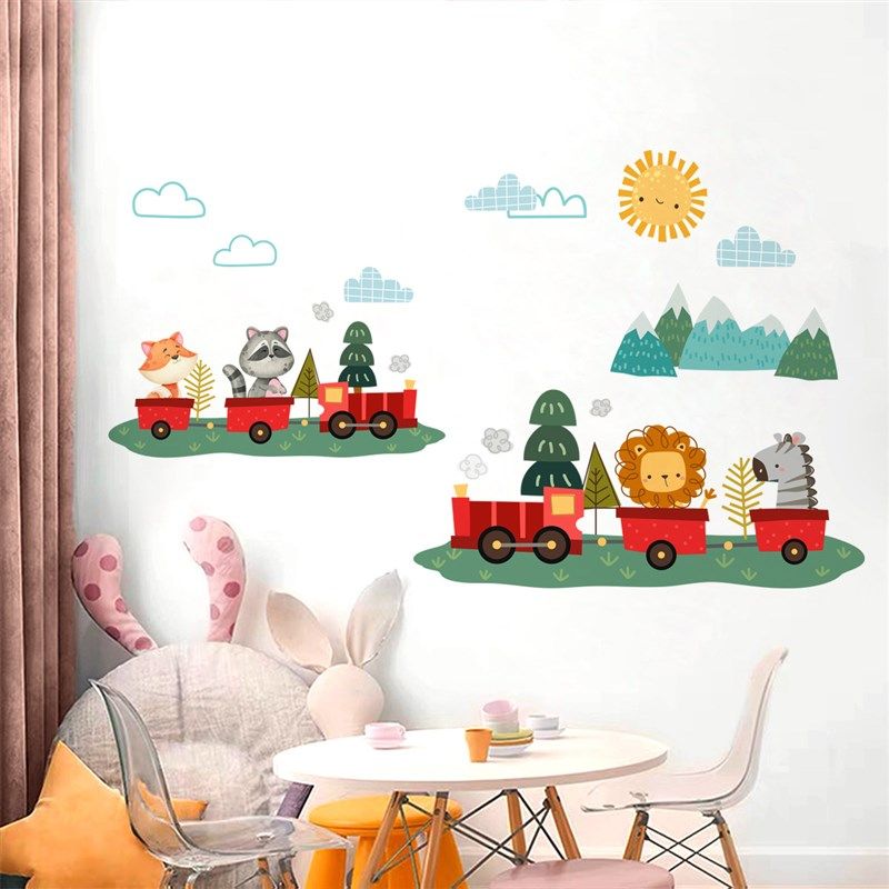卡通动物火车墙纸儿童房卧室背景墙装饰美化幼儿园爱墙面画
