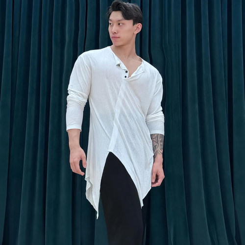 Cold star拉丁舞服成人男士练功服开衩长袖上衣日常百搭训练舞服