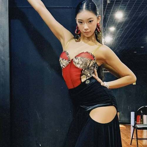 Cold star拉丁舞服成人练功蛇纹拼接吊带上衣镂空大裙摆训练舞服
