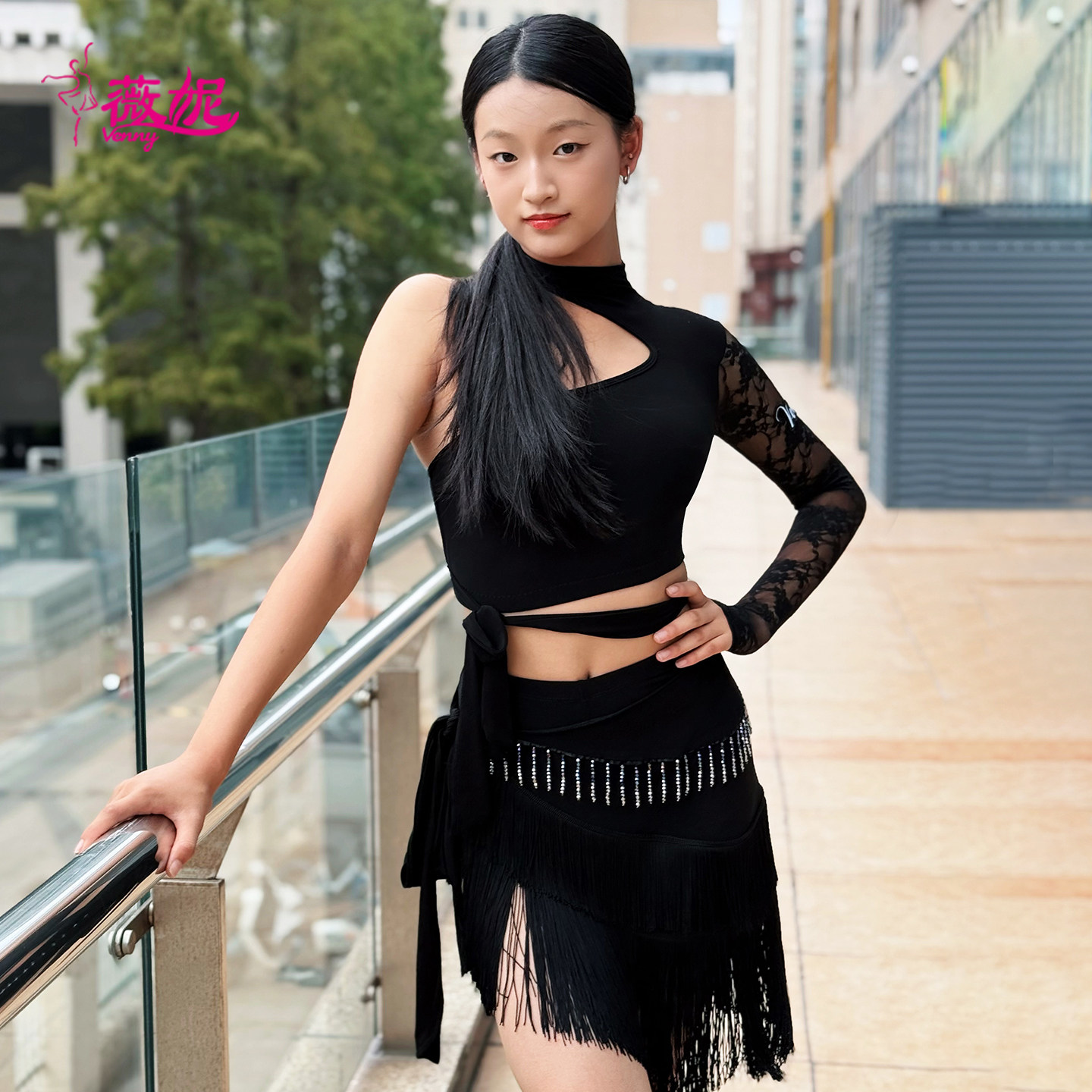 Venny薇妮拉丁舞服秋冬女童练功服单肩挂脖蕾丝上衣流苏半裙套装