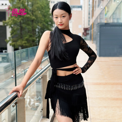 Venny薇妮拉丁舞服秋冬女童练功服单肩挂脖蕾丝上衣流苏半裙套装