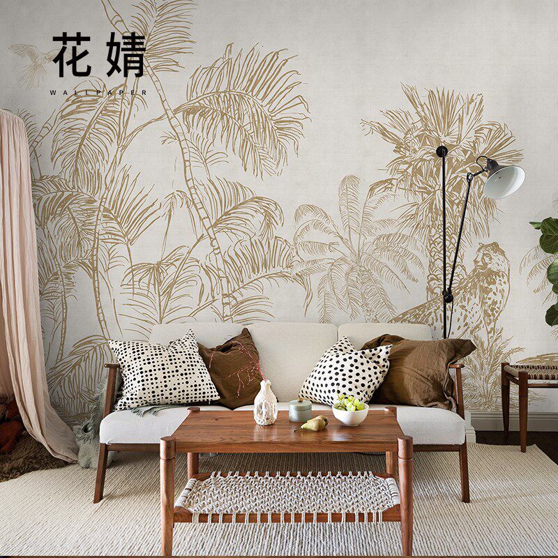法式墙棕榈叶动物电视背景墙壁壁画现代客厅卧室创意墙布