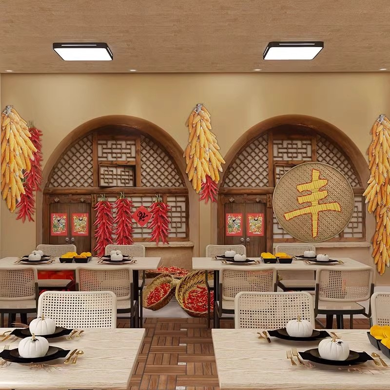 中式立体东北人家老房子墙纸特色农家乐餐馆小吃火锅饭店背景壁纸