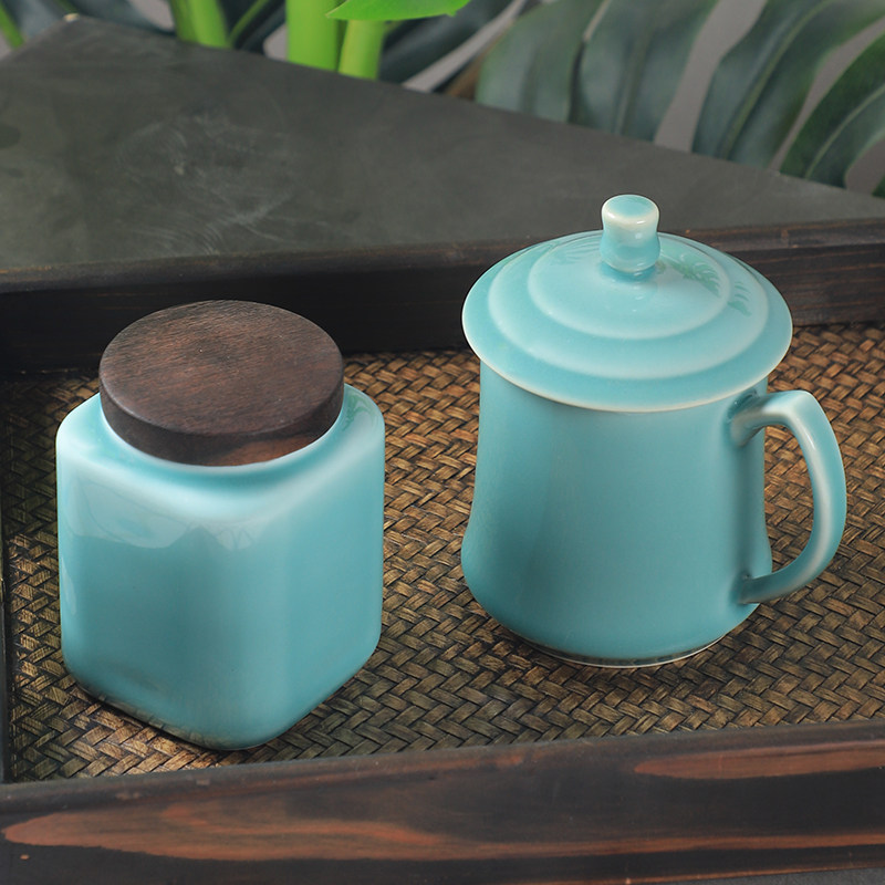 龙泉青瓷茶杯茶叶罐天青釉办公杯礼泡茶杯子存茶罐凤雅杯