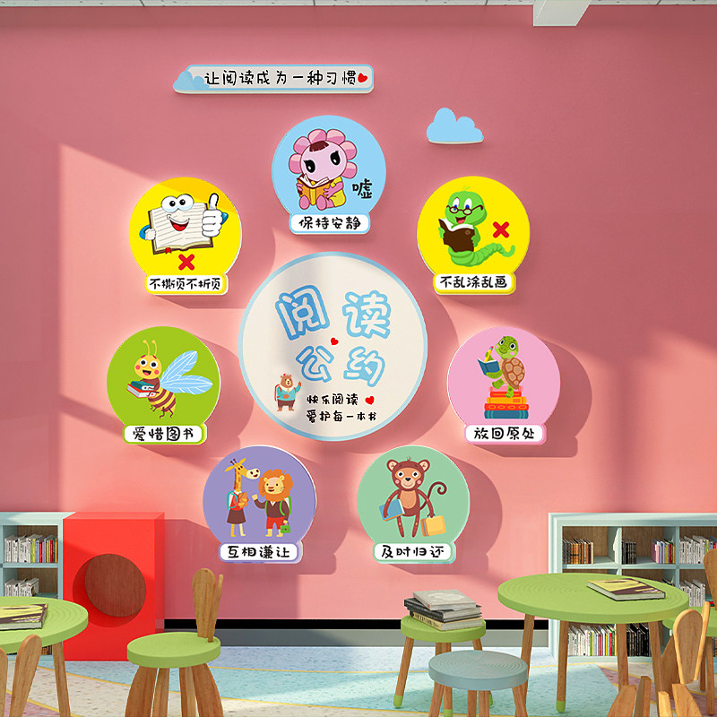 儿童绘馆布置饰画阅览室幼儿园图书角阅读区公约墙