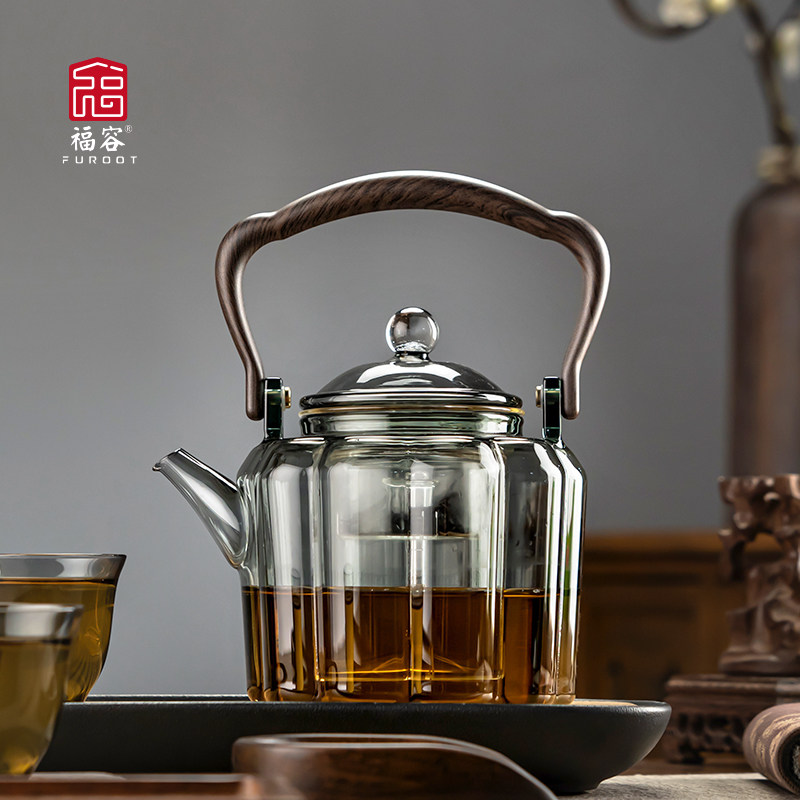 福容文思壶提梁壶煮茶壶蒸煮两用款烟灰色硼硅茶壶