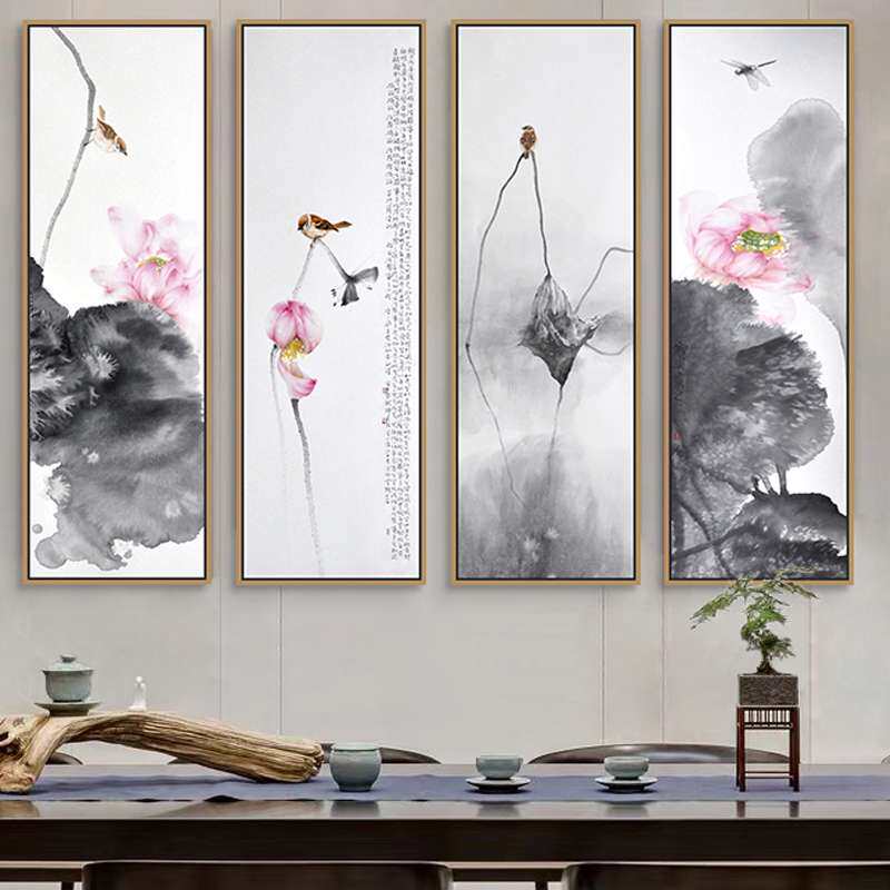 新水墨装饰画茶室书房壁画客厅沙发背景墙挂画荷图