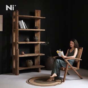 尼家侘寂风书架复古实木博古架咖啡厅民宿书房靠墙展示