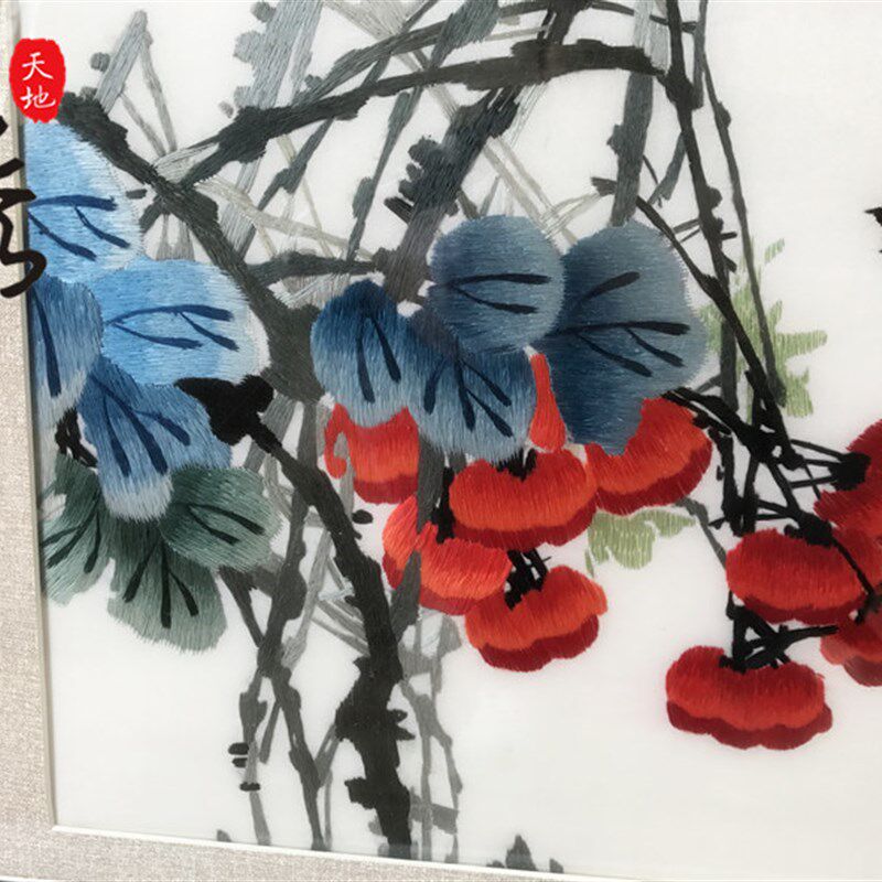 苏秀天地 苏绣手工成品壁画 柿子鸟事事如意 客厅挂画