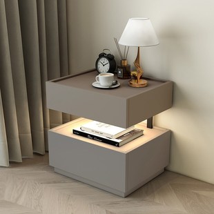 现代极简实木床头柜悬浮加灯肤感暖白浅灰色床边柜斗柜定制