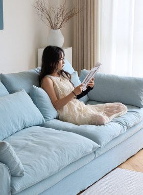 OZON朴琢风信子牛仔布侘寂风布艺棉麻沙发怀抱拆洗亚麻奶油风