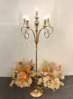 新款婚庆道具铁艺5+1水晶电镀路引灯婚礼装饰灯T台布置摆件