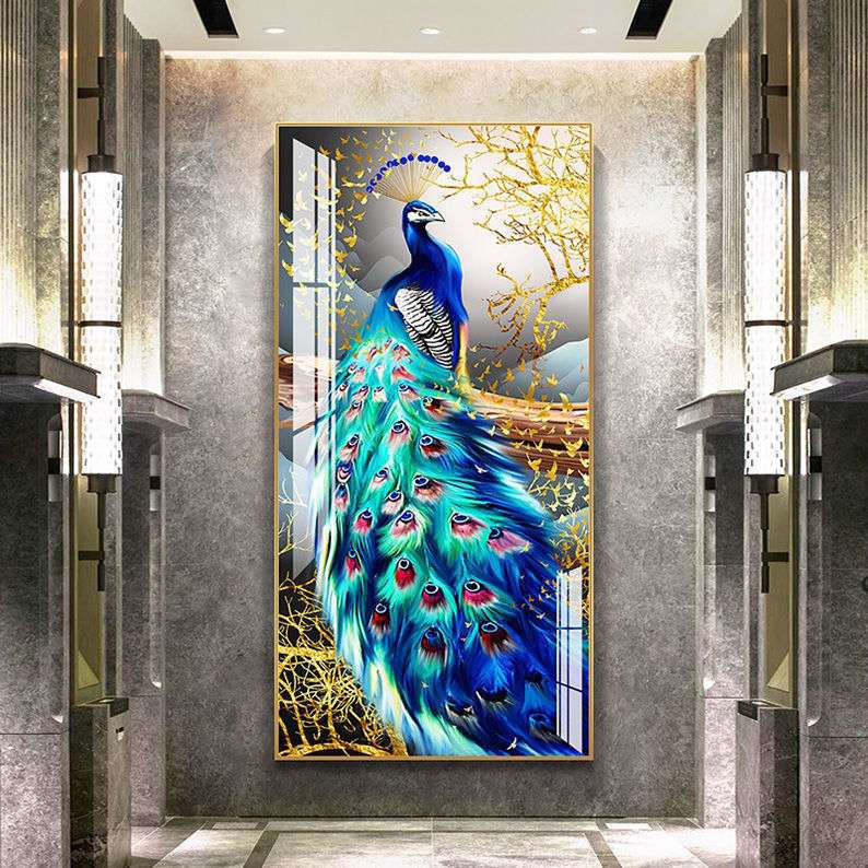 入户玄关装饰画走廊过道墙壁画竖版现代简约北欧客厅孔雀晶瓷挂画图片