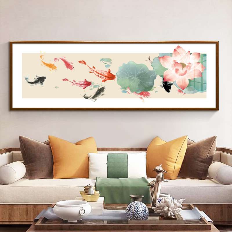 新中式荷花九鱼图客厅装饰画沙发背景墙横版卧室床头挂画聚财手绘图片