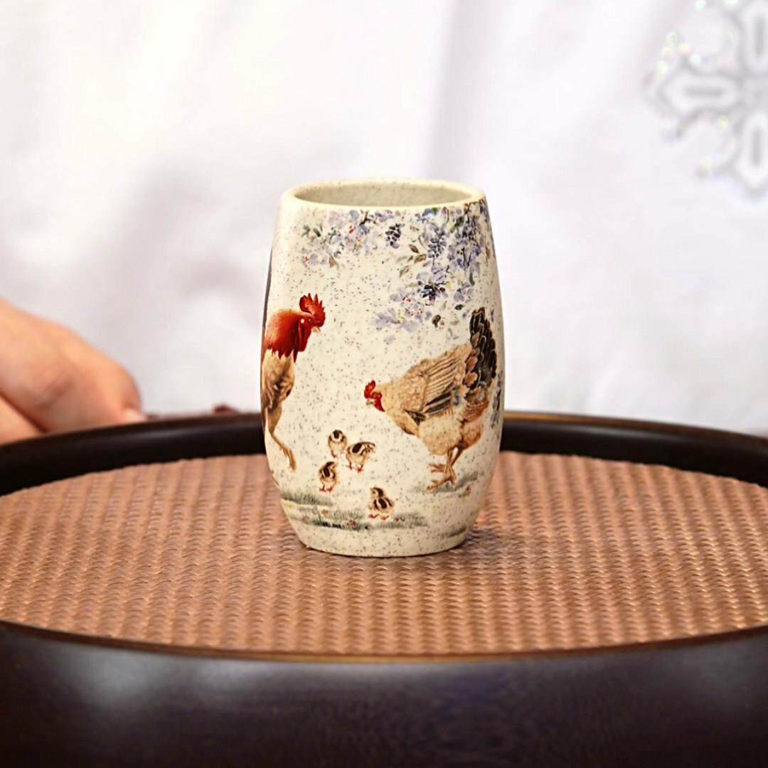 宜兴原矿紫砂功夫茶具朱永良手工贴绘大容量公鸡主人杯手工紫砂杯