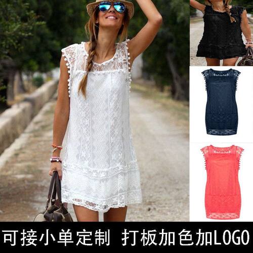 速卖通EBAY亚马逊欧美白色蕾丝花边毛球无袖连衣裙有里布时尚收腰