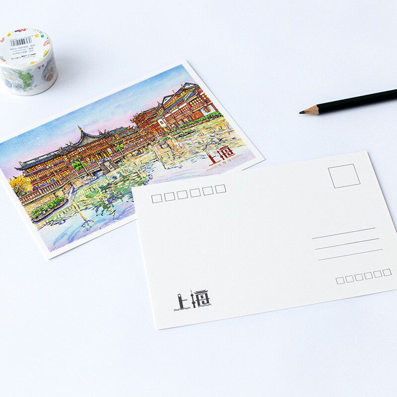张精美手绘明信片上海城市风景陆家嘴老外滩人民广场城隍庙淡彩