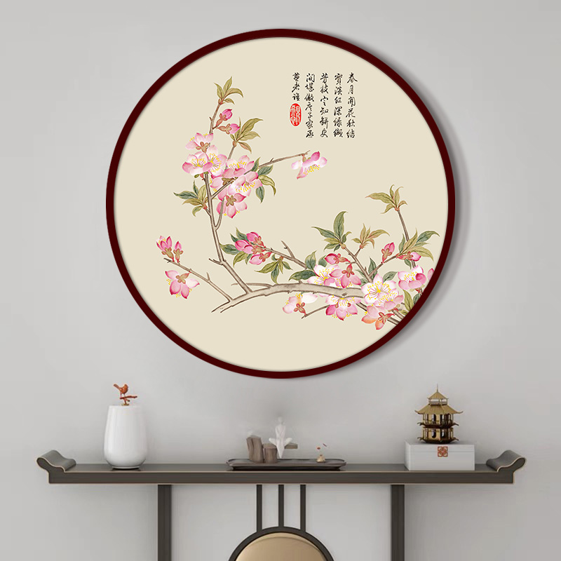 圆形装饰画玄关古风电表箱遮丑挂画客厅茶室背景墙画餐厅桃花壁画图片
