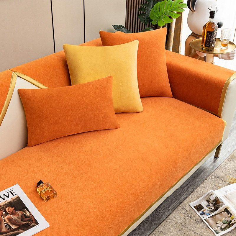 沙发垫橘色雪尼尔布艺现代风四季通用防滑坐垫橙色皮罩盖巾