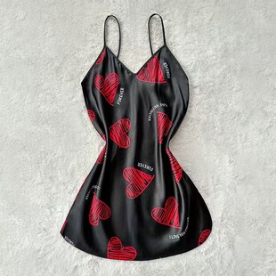 跨境欧美风睡衣女夏吊带睡裙爱心性感睡衣仿真丝性感露背女士睡衣