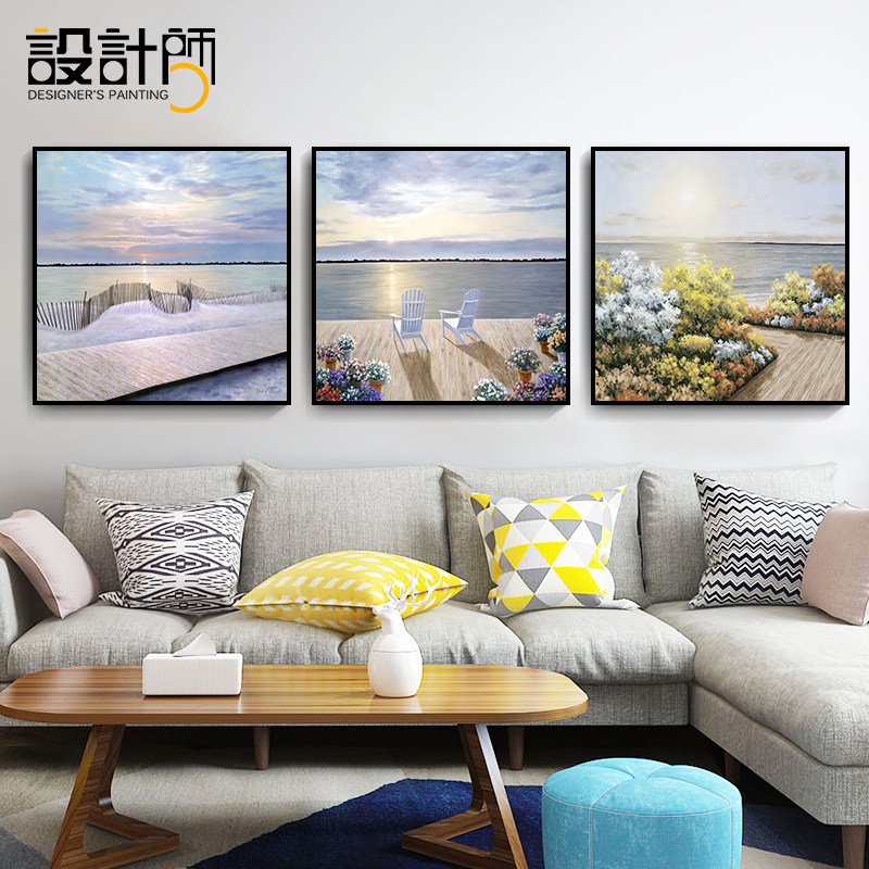 客厅沙发后面的背景墙装饰画现代正方形三挂画卧室壁画