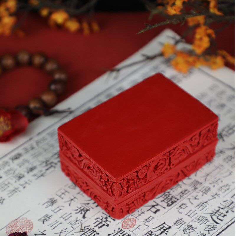 扬州漆器脱胎剔红雕漆朱砂首饰盒名片盒扑克牌盒子收纳摆件礼品盒