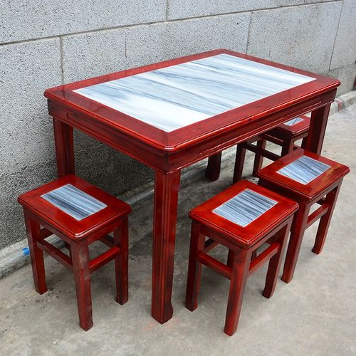 仿古实木早餐粉店商用面馆小吃店桌椅快餐桌大理石饭店圆桌子