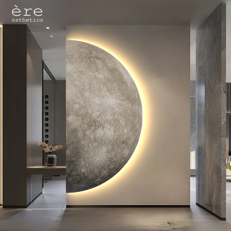 法式奶油风走廊尽头装饰画LD灯发光月球入户玄关挂画楼梯间壁画