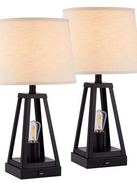 台灯床头灯美式复古工业风2头带USB充电口铁艺黑色新款