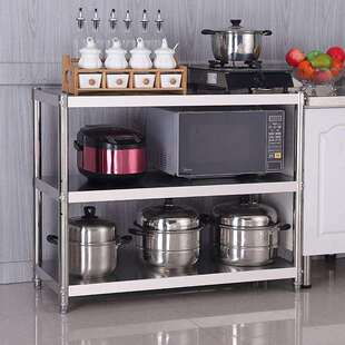 不锈钢厨房用具置物架三层落地锅架碗盘收纳微波炉储物架角架货架