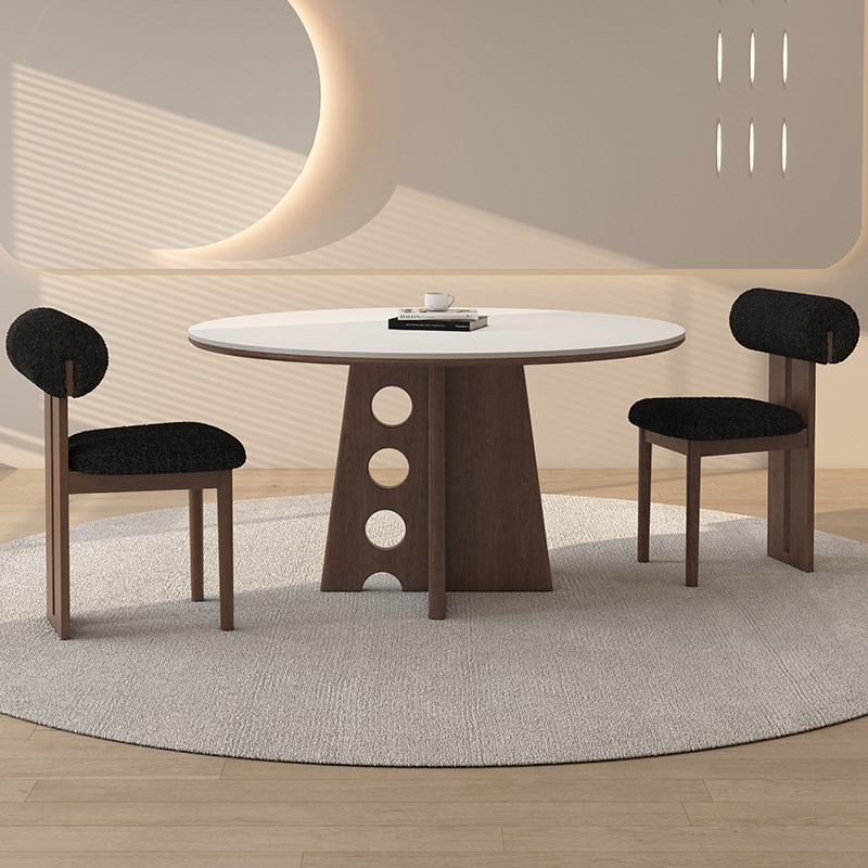 德利丰实木岩板餐桌圆桌全托中古奶油风高端设计师纯白圆形饭桌子