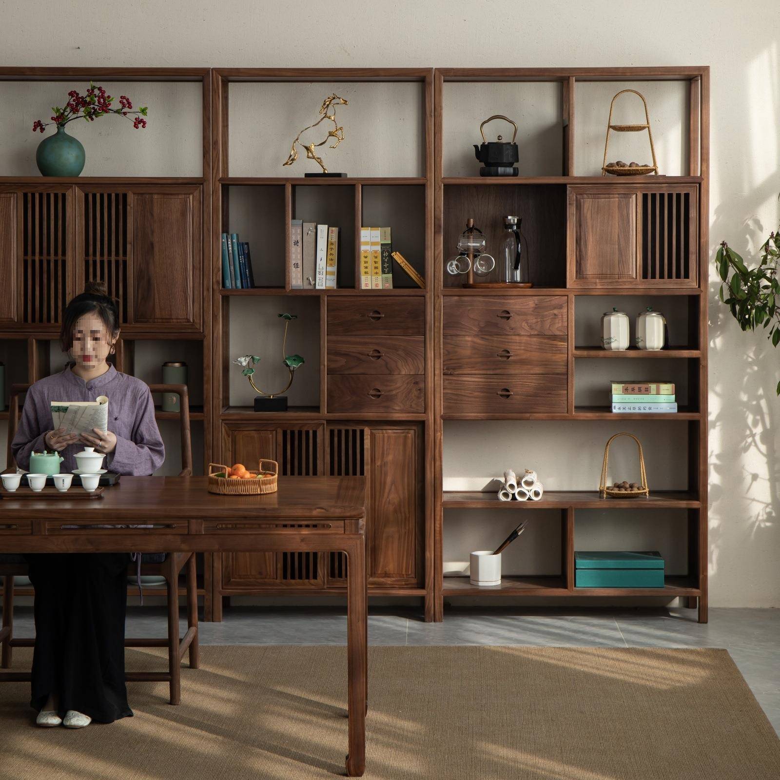 实木书架新中式多宝阁架子茶黑胡桃木书柜茶具展示架博古架茶室