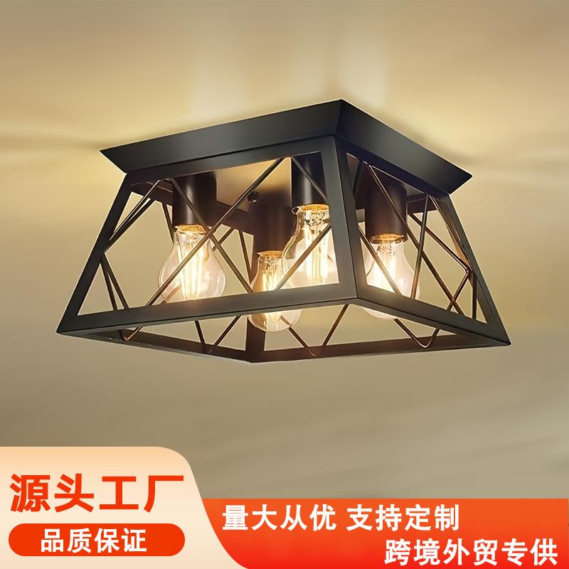 跨境现代简约4头铁框吸顶灯工业风客厅书房阳台过道走廊餐厅灯