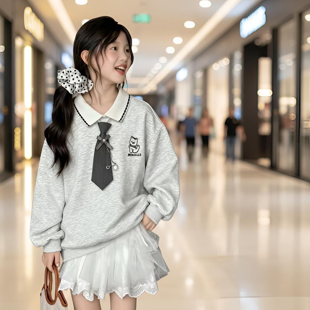 女童卫衣POLO翻领春秋新款儿童洋气假两件中大童秋季宽松长袖上衣
