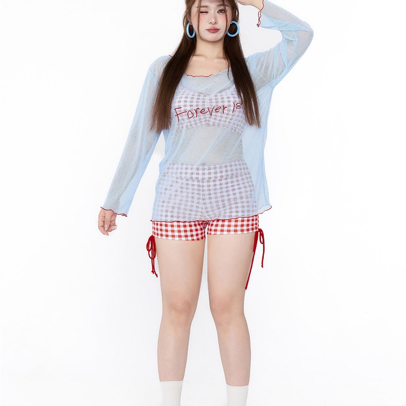 少女清新分体大码泳衣长袖平角裤保守遮肉泳装度假温泉比基尼