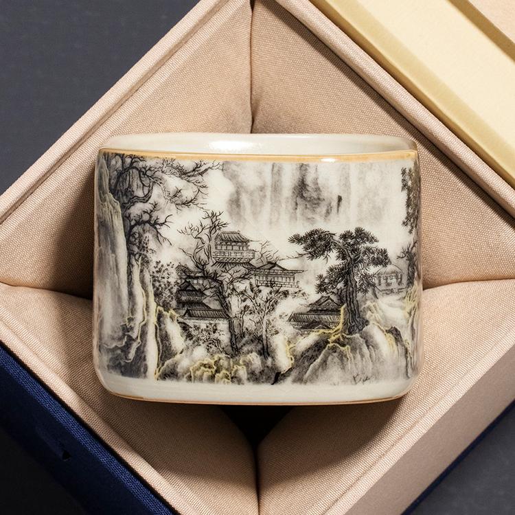 汝窑水墨山水汉方杯茶杯精致杯品茗茶盏茶具