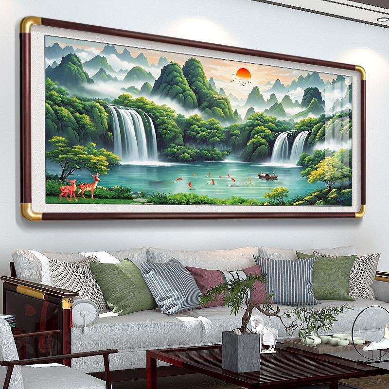 农村中堂山水风景迎客松挂画家和万事兴客厅堂屋大气沙发背景装饰