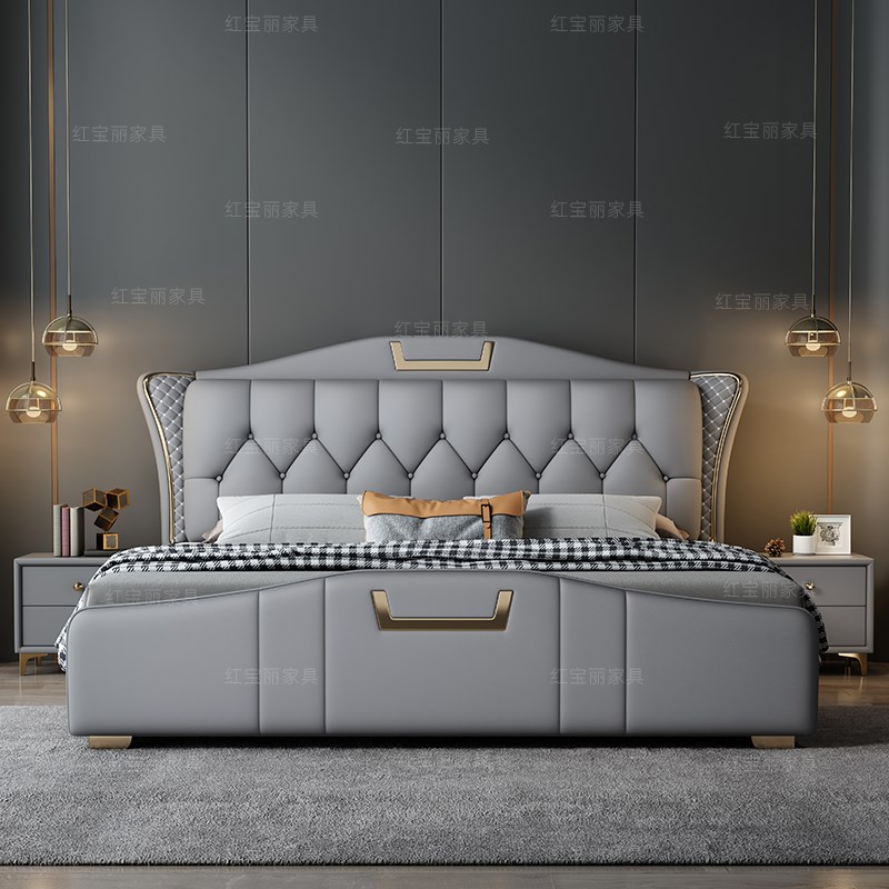 意式极简真皮床1.8米主卧双人床现代简约皮床2*2.U2米轻奢储物婚