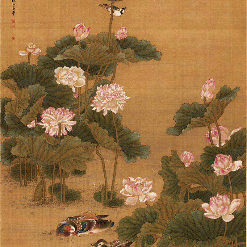 沈铨 荷鸳鸯图国画名画微喷打印卷轴画画卷轴装饰挂画