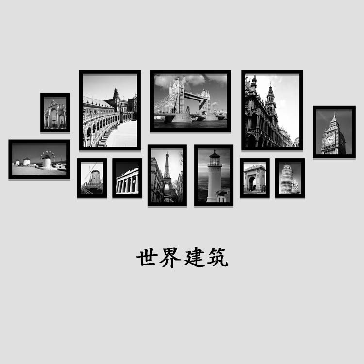 欧洲黑白建筑实木框画客厅装饰画卧室现代照片墙时尚挂画壁画
