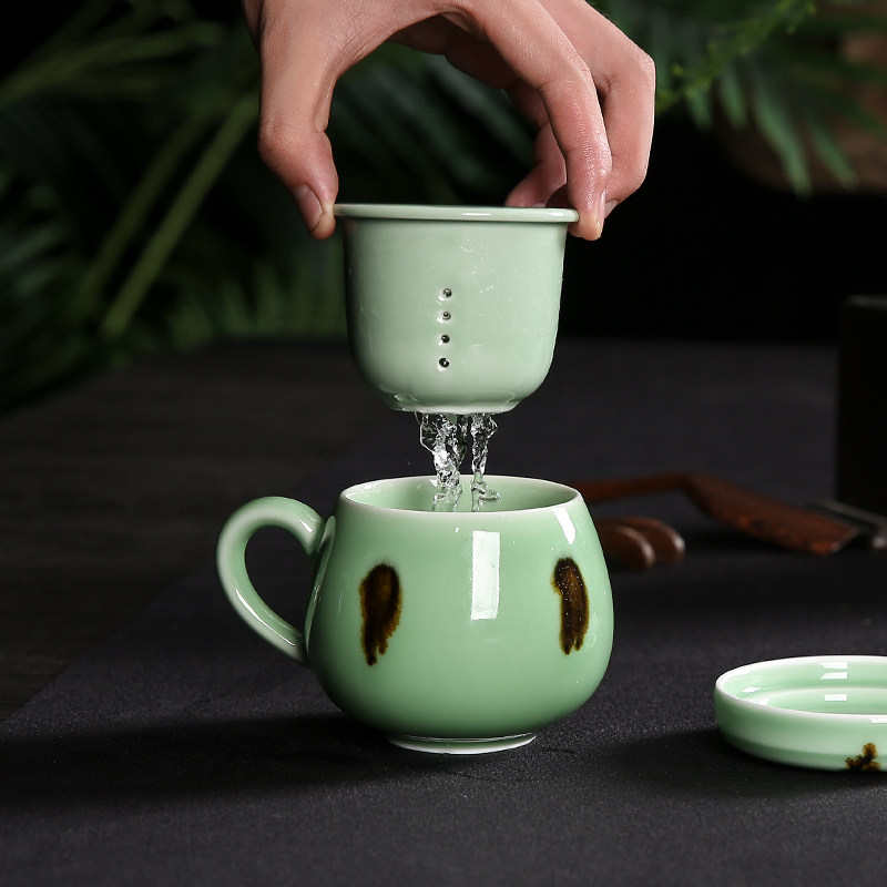 青瓷片茶杯办公带盖过泡茶杯小号茶水分离杯嘟嘟杯马杯