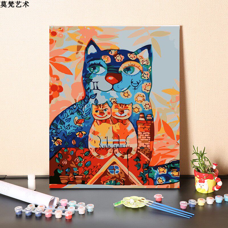 数字油画手工填充个性印抽象猫手绘涂色儿童房减压油彩画画