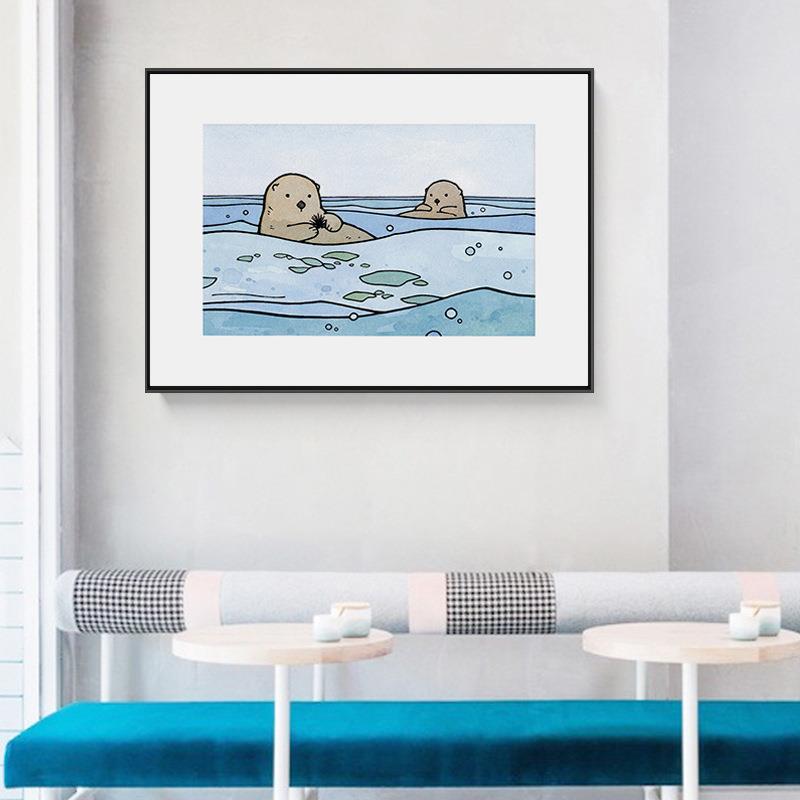 日韩简约温馨可爱卡通简笔装饰画海滩森林小动物挂画客厅卧室书房