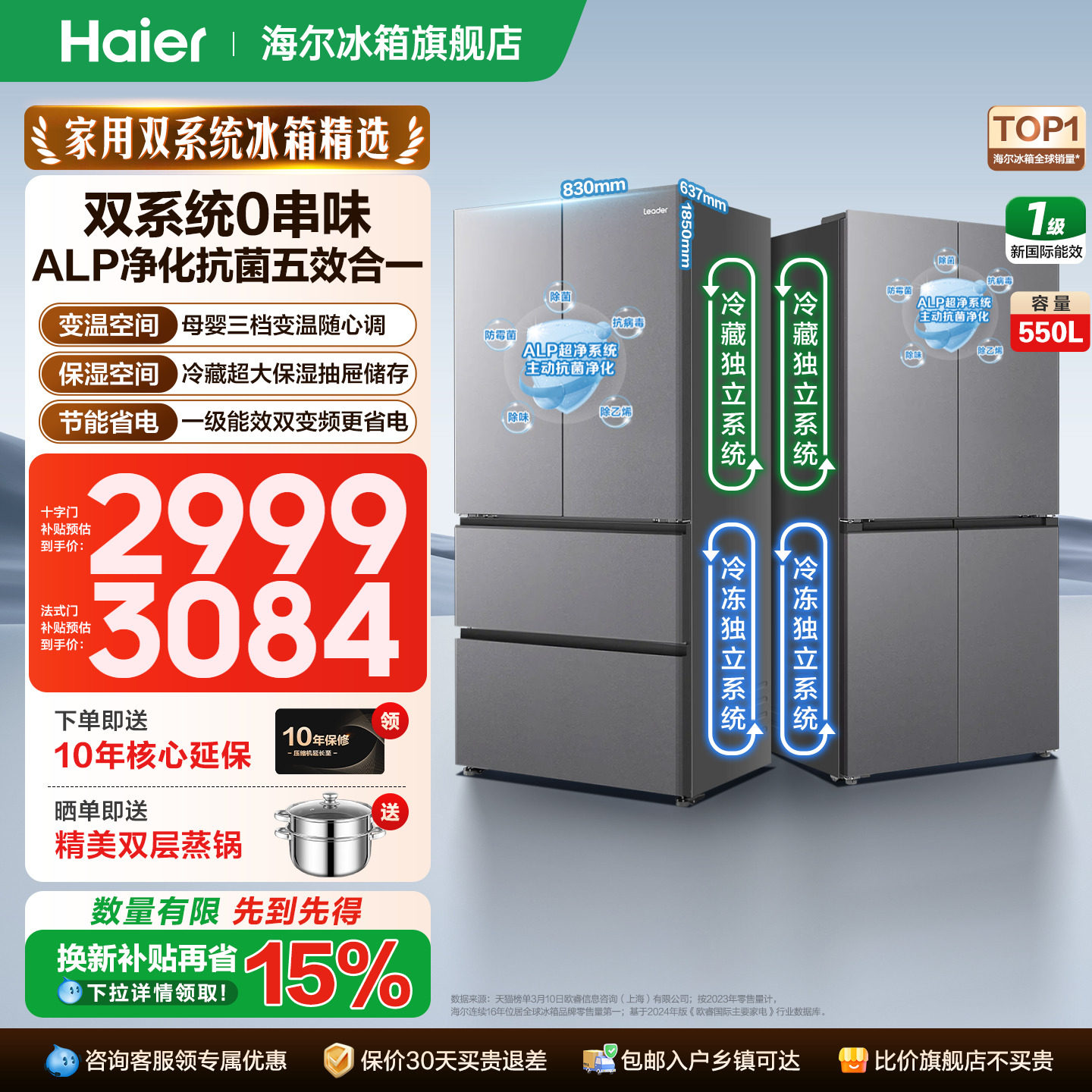 双系统冰箱海尔Leader575法式十字四门550升一级大容量家