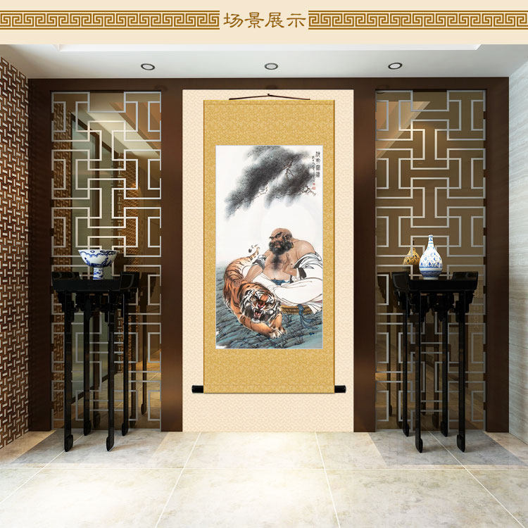 伏虎罗汉图画像 绢布卷轴挂画 书房客厅饰画订做