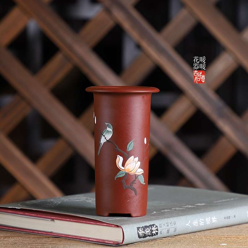 紫砂花盆微型带帽小圆筒u盆原矿大红袍彩绘花鸟微盆景盆绿植盆